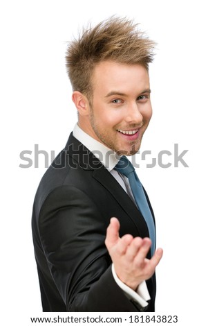 Half-length portrait of manager with palm up, isolated on white. Concept of leadership and success