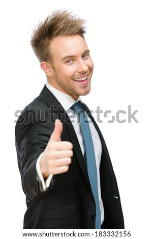 Half-length portrait of businessman who thumbs up, isolated on white. Concept of leadership and success