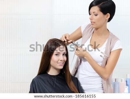 Hairdresser cuts hair of woman in hairdresser\'s. Concept of fashion and beauty