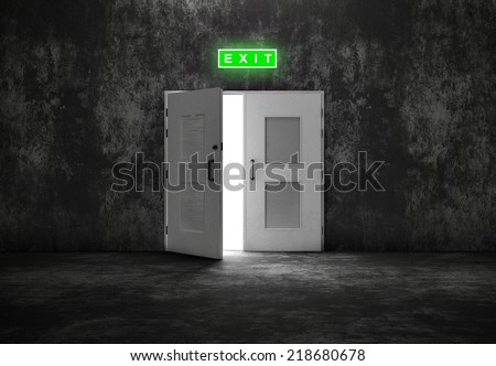 Open white door exit on grey background like cement or concrete wall. Concept of opportunity and way out