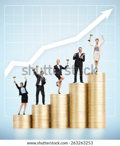 Business people with golden cups on coins ladder.Concept of professional growth
