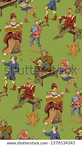 Medieval party. Seamless pattern. Engraved style. Vector illustration. Suitable for fabric, wrapping paper and the like