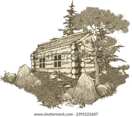 Scenery. Lodge cabin in the middle of the forest. Housing of the first settlers.