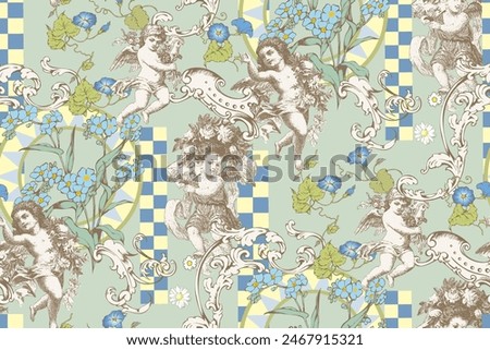 Angels and flowers. Victorian seamless floral pattern. Suitable for fabric, wrapping paper and the like