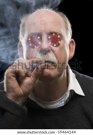 Portrait of poker player with chips in his eyes and cigar in his mouth
