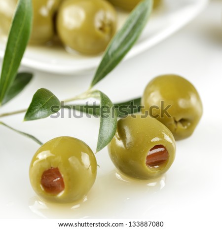 Green Olives Stuffed With Paprika,Close Up