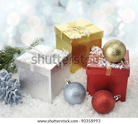 Colorful  christmas decoration And Gift Boxes  On A Snow