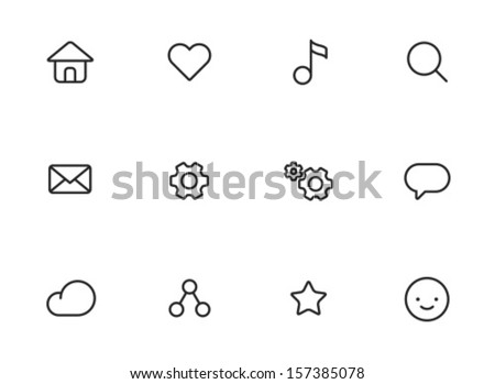 Rounded Thin Icon Set 01 - Home, Like, Music, Search, Mail, Settings, Message, Cloud, Network, Star, Smile