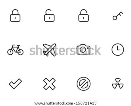 Rounded Thin Icon Set 01 - Lock, Unlock, Key, Bike, Plane, Camera, Clock, Tick, Cross, Delete, Radioactive