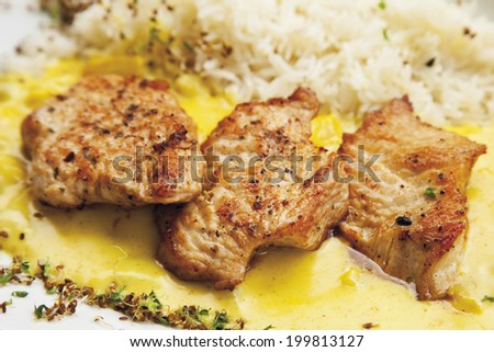 Turkey hen filet garnished with rice and curry sauce
