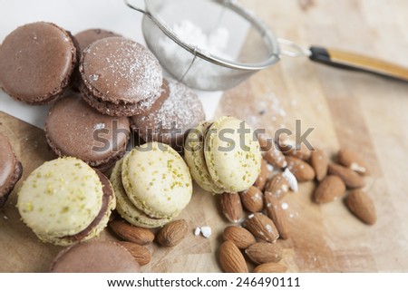 Home-made macarons with power sugar and almonds