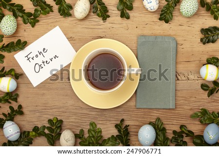 Easter decoration, coffee cup and napkin, card, Happy Easter
