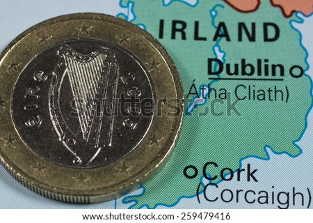 One euro coin on map, Ireland