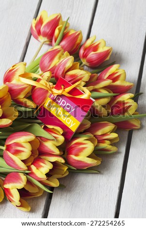 Bouquet of tulips, gift tag, Happy Birthday