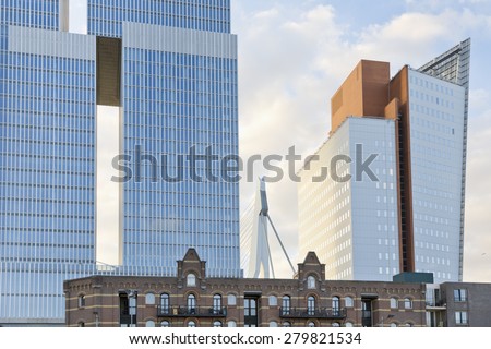 Contrast between classical and modern architecture, left De Rotterdam by Rem Koolhaas, right KPN tower by Renzo Piano, Kop van Zuid, Rotterdam, Holland, Netherlands