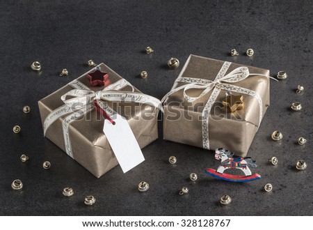 Christmas presents, gift tag, christmas decorations, bells and rocking horse