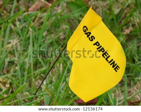 Yellow flag marking underground natural gas line in yard.