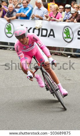 MILAN, ITALY - MAY 27:The professional cyclist Oliver Rodriguez competes during the individual chronometer at 95 Giro D\'Italia on May 27, 2012 in Milan, Italy.  After last stage Rodriguez finished in second place
