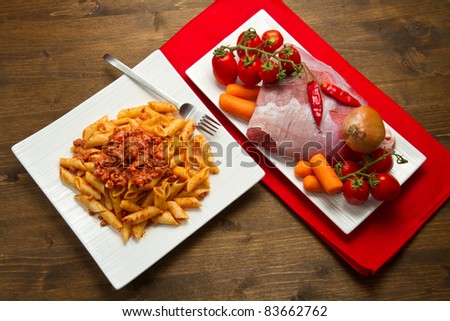 Rigatoni pasta with a tomato beef sauce