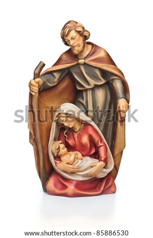 isolated nativity scene; Josef and Mary with the young Jesus Christ in her arms