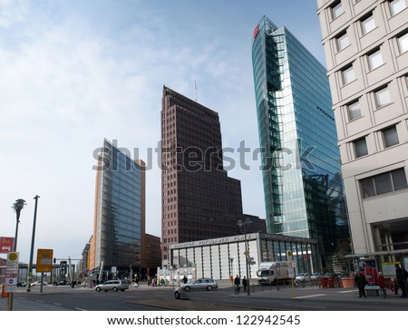 BERLIN, GERMANY - APRIL 15: Potsdamer Platz and railway station in Berlin, Germany on April 15, 2012. It\'s a one of the main public square and traffic intersection in the centre of Berlin