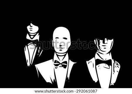men models in black dress suit at the showcase isolated on black background