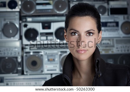 Beautiful rock woman with Boom Box background