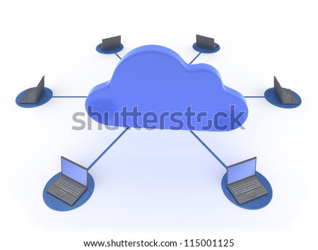 Cloud Computing 3D concept showing Laptops network linked to work with the Cloud Isolated on White Background