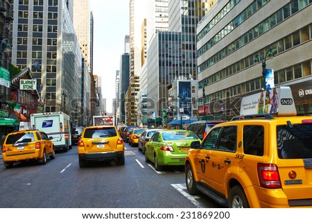 NEW YORK CITY - MARCH 28: Yellow taxi at street,  March 28 2014 in New York, USA