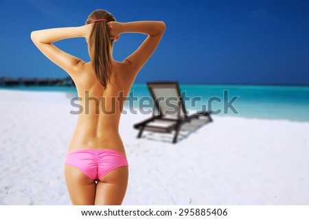 Woman topless on beautiful beach at Maldives, South Male Atoll. Collage.