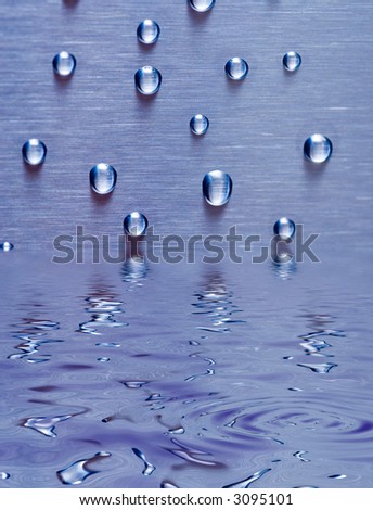 Waterdrops on metal background with reflection on water