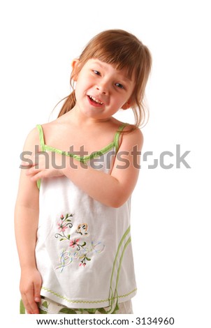 Little girl posing (isolated on white background) (word and figures on the t-shirt are not any kind of copyright subject)