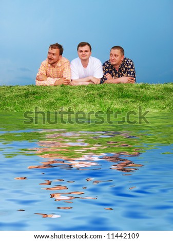 A group of friends against sky with reflection