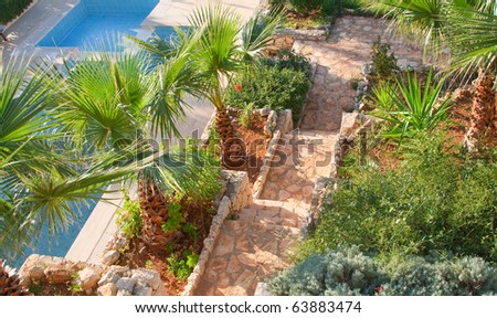 Tropical yard of villa with swimming pool and stairs