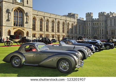 UNITED KINGDOM - SEPTEMBER 13: Selection of stunning cars on display at the United Kingdom Concours d\'elegance Classic Car Expo at Windsor Castle on September 13, 2012 in Windsor, United Kingdom.