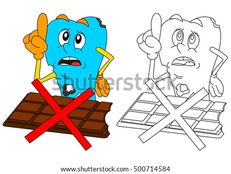 Sad sick tooth with chocolate and slashed warning as coloring books for small children - vector