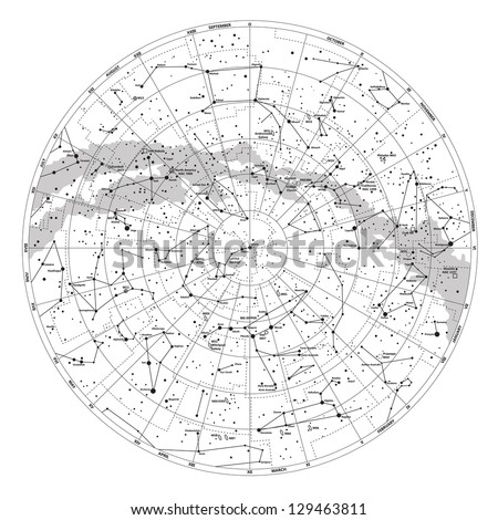 High detailed sky map of Northern hemisphere with names of stars and constellations vector