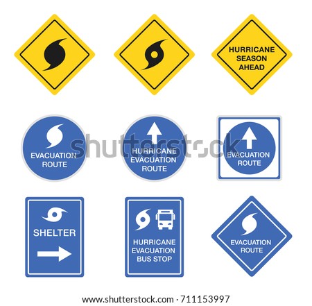 Hurricane road signs, danger alert vector symbols