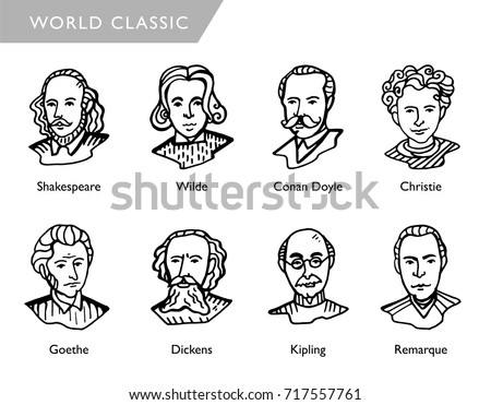 famous world writers, vector portraits, Shakespeare, Wilde, Conan Doyle, Christie, Goethe, Dickens, Kipling, Remarque