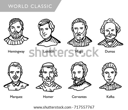 famous world writers, vector portraits, Hemingway, London, Hugo, Dumas, Marquez, Homer, Cervantes, Kafka