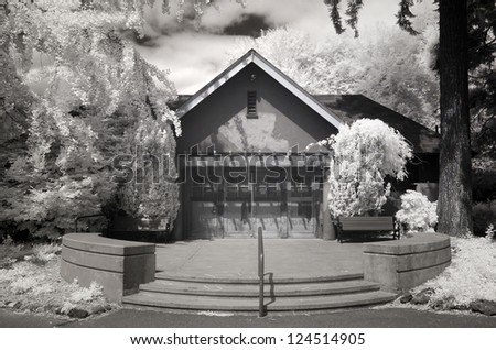 Infrared photo of a building at Laurelhurst Park in Portland, Oregon. Taken with a Canon 10D that was converted into a black and white infrared camera.