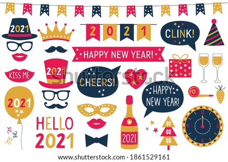 New Year 2021 vector photo booth props (hats, eyeglasses, lips, mustaches)