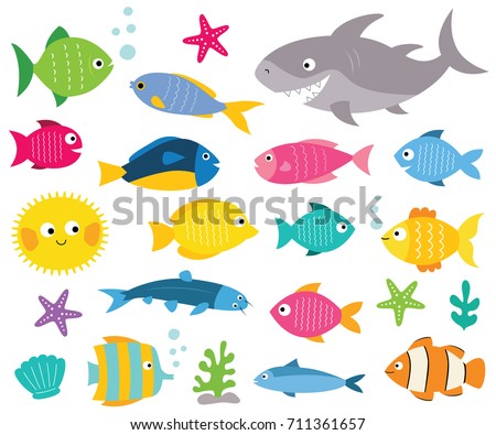 Cartoon vector fishes set, isolated design elements