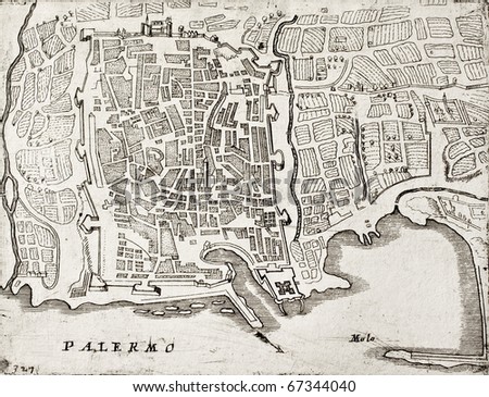 An old map of Palermo, the main town in Sicily. The original map was created by Coronelli and was published at the end of 17th c.