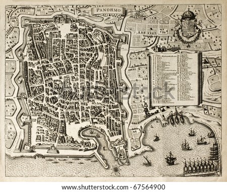 Antique map of Palermo, the main town in Sicily. The map can be dated to the 17th century and bears 66 numbered marks for places description