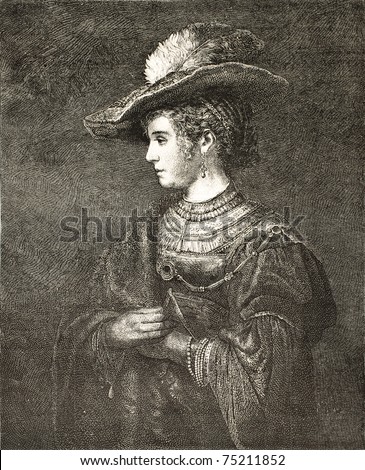 Old Engraved Portrait Of Saskia Van Uylenburgh, Rembrandt'S Wife ...