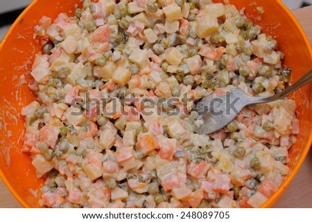 Russian Salad; a salad traditionally served in ex-USSR with chopped boiled vegetables, meat and mayonnaise