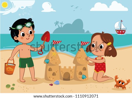 Two little kids playing on the beach. Outdoor activity. Isolated on white. Vector illustration.
