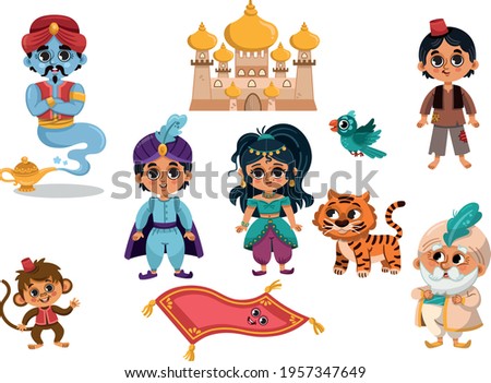 A set of cartoon Aladdin. Cute Aladdin Clip art, Cute Prince sticker, Jasmine Clip art, Aladdin party, Vector illustration.
