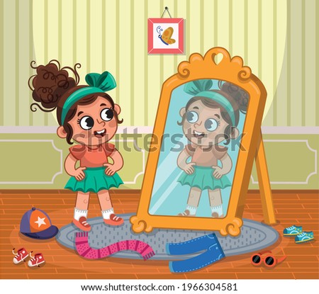 Happy child girl try on outfits looking at mirror. Vector illustration.